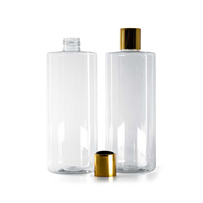 Botella de plástico transparente, tapón disc-top de plástico negro con cuello de aluminio dorado, 500 ml