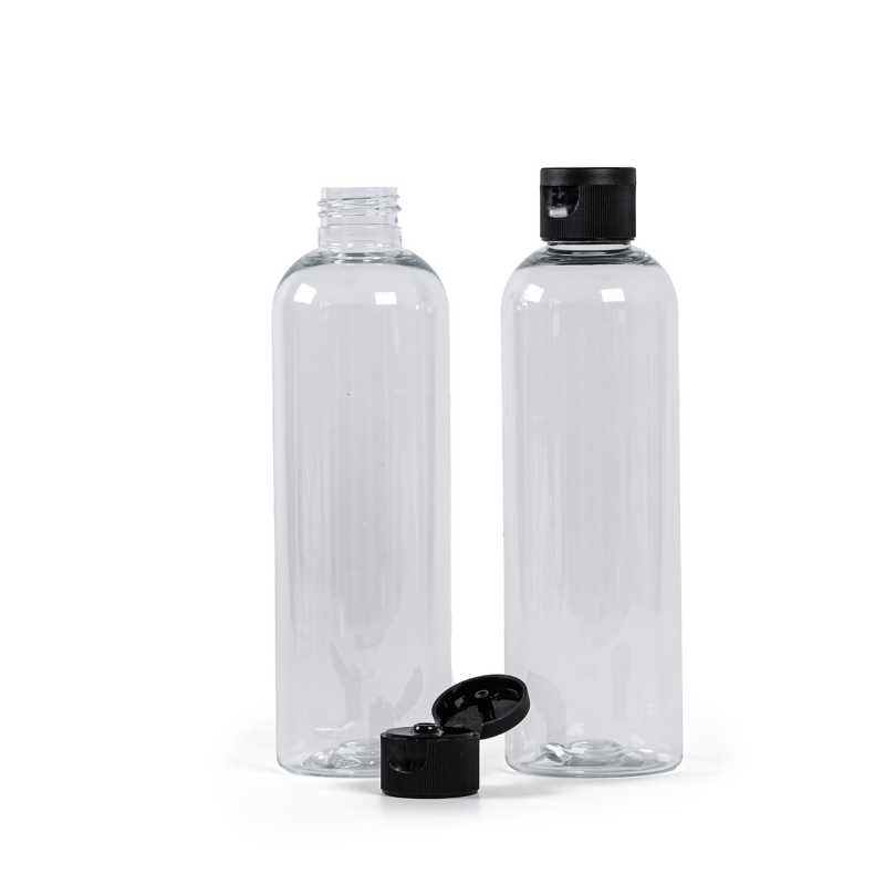Botella de plástico transparente, tapón flip-top negro, 250 ml