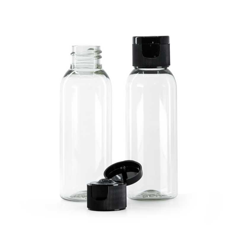 Botella de plástico reciclado, transparente, tapón abatible negro, 50 ml