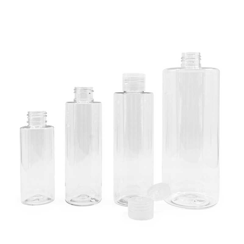 Botella de plástico transparente, tapón flip-top transparente, 200 ml