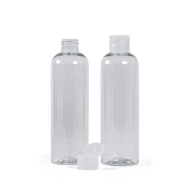 Botella de plástico transparente, tapón flip-top transparente, 250 ml