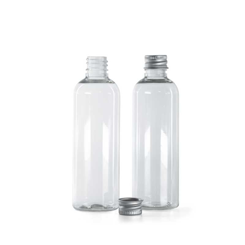 Botella de plástico transparente, tapón de aluminio, 100 ml