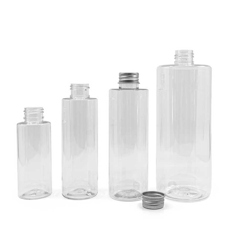Botella de plástico transparente, 200 ml, tapón de aluminio