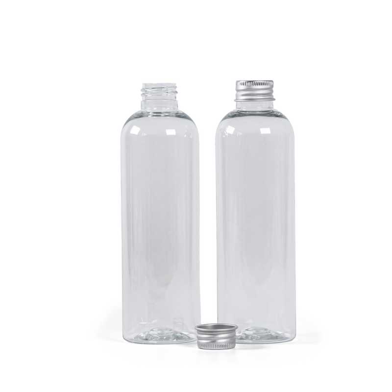 Botella de plástico transparente, 250 ml, tapón de aluminio plateado