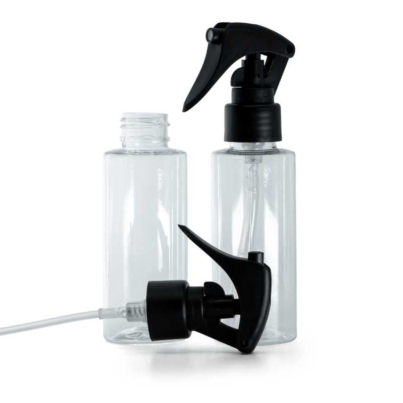Frasco de plástico transparente, pulverizador de gatillo negro mate, cuello liso, 100 ml