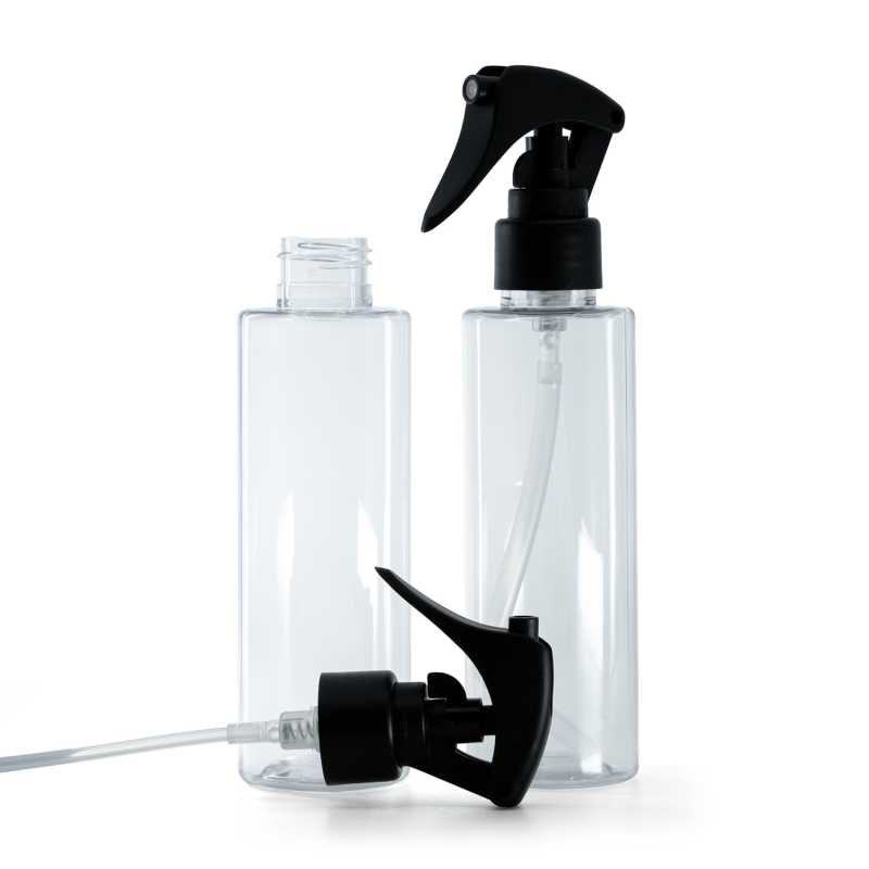 Botella de plástico transparente, pulverizador de gatillo negro mate, anillo liso, 150 ml