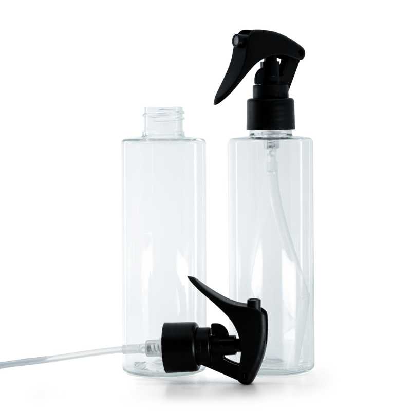 Botella de plástico transparente, pulverizador de gatillo negro mate, anillo liso, 200 ml