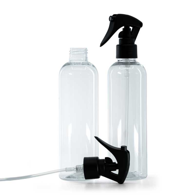 Botella de plástico transparente, pulverizador de gatillo negro mate, anillo liso, 250 ml