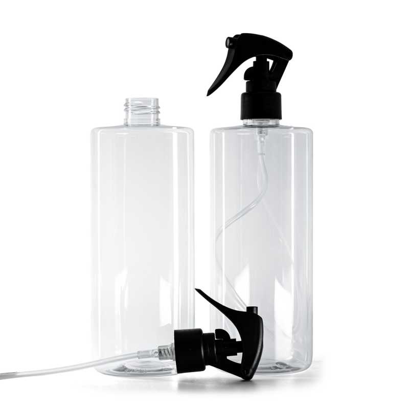 Botella de plástico transparente, pulverizador de gatillo negro mate, anillo liso, 500 ml