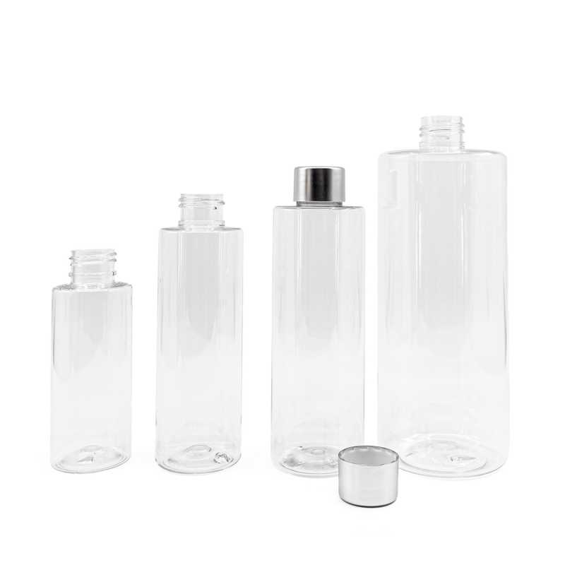 Botella de plástico transparente, tapón plateado mate, 200 ml