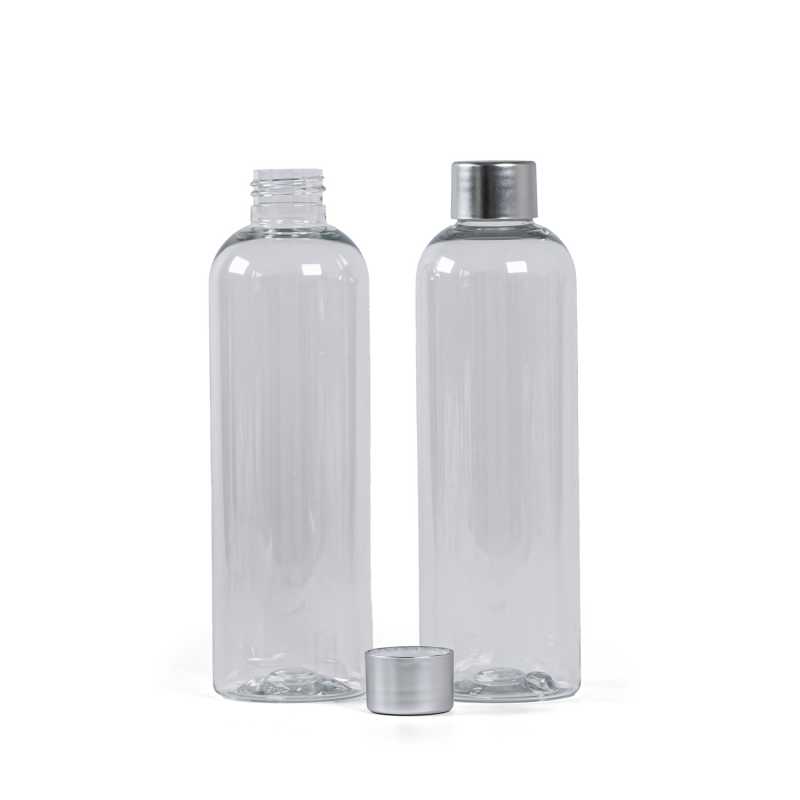 Botella de plástico transparente, 250 ml, tapón plateado mate