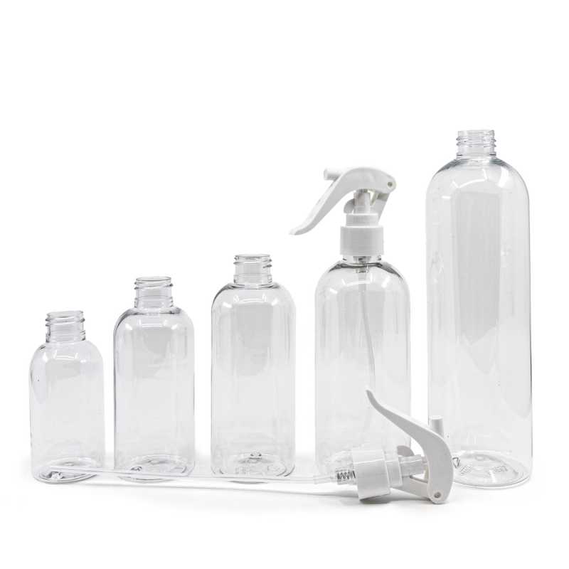 Botella de plástico, transparente redonda, pulverizador de gatillo blanco, 500 ml