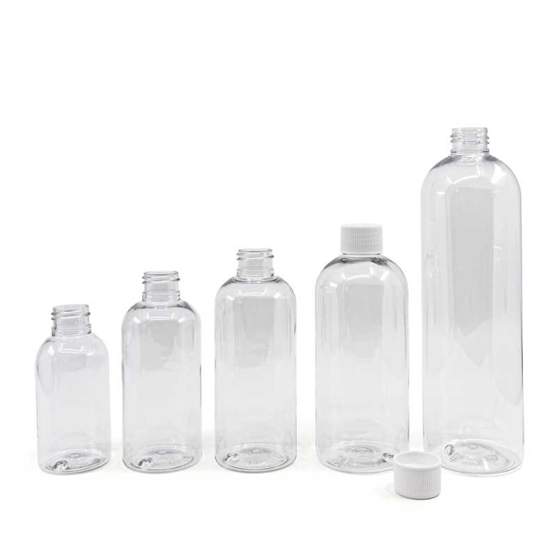 Botella de plástico, transparente redonda, tapón blanco, 500 ml