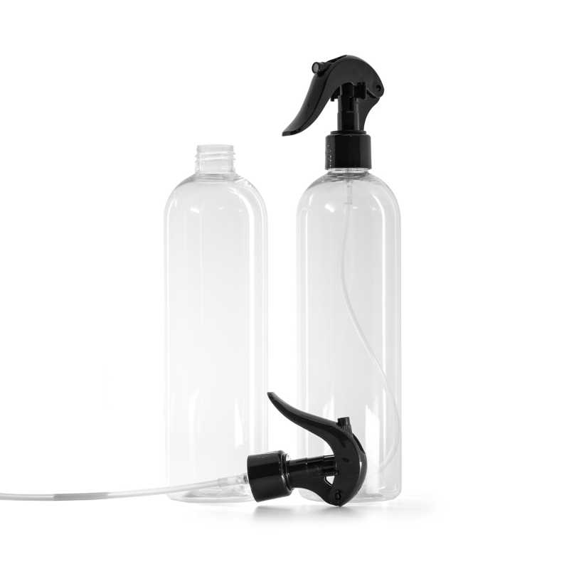 Botella de plástico, transparente redonda, pulverizador de gatillo negro, 500 ml