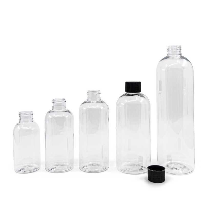 Botella de plástico, transparente, tapón estriado negro, 500 ml