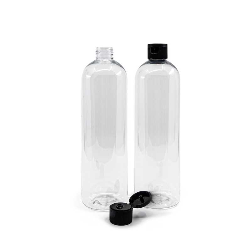 Botella de plástico, redonda, transparente, flip top negro, 500 ml