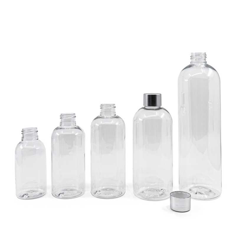 Botella de plástico, transparente, tapón plateado, 500 ml