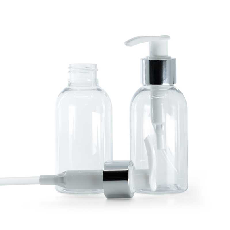 Frasco de plástico transparente, bomba blanca con anillo plateado brillante, 100 ml