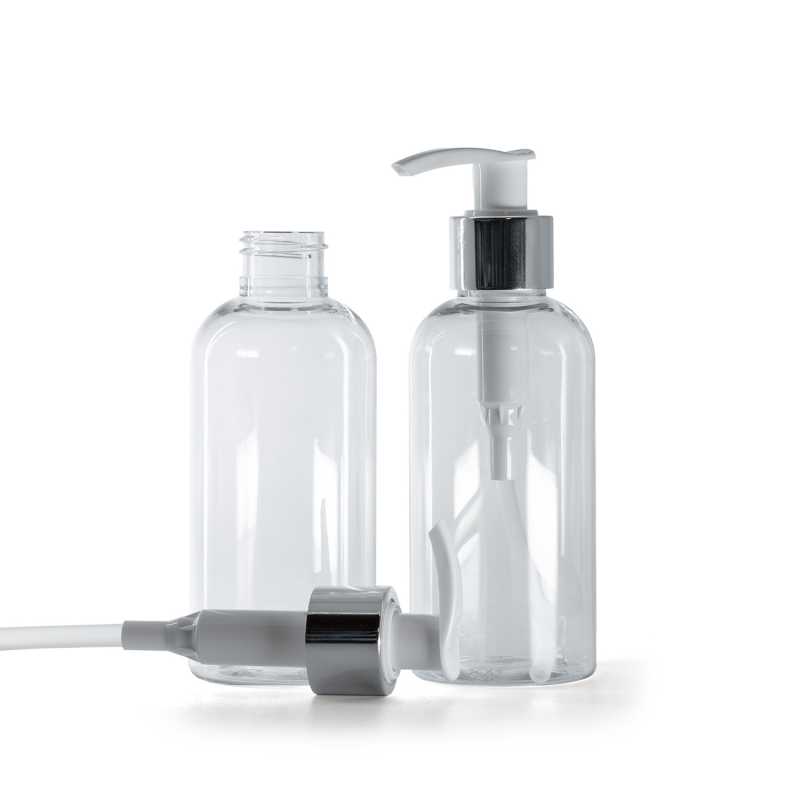 Botella de plástico transparente, dispensador blanco con anillo plateado, 150 ml