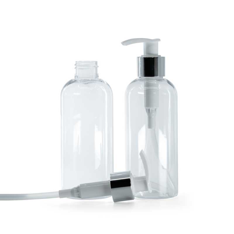 Botella de plástico transparente, bomba blanca con anillo plateado brillante, 200 ml