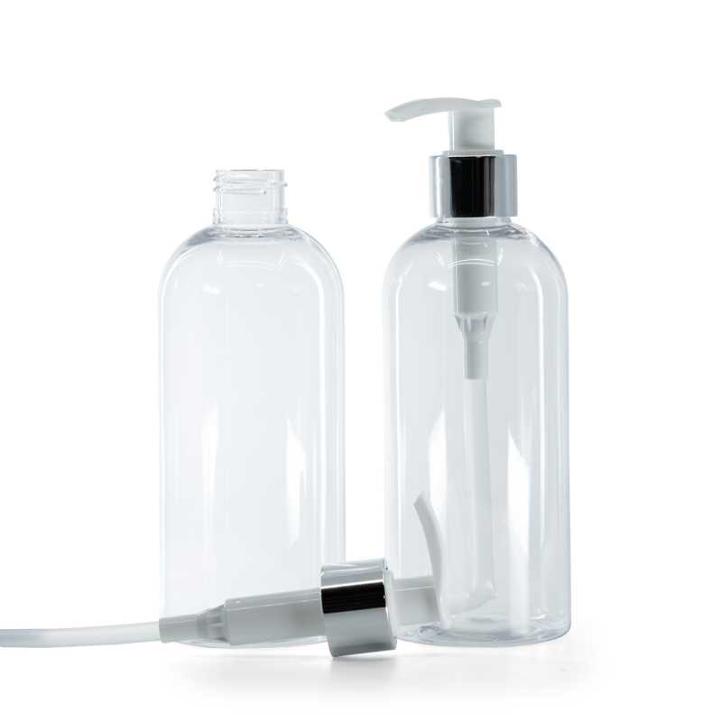Botella de plástico transparente, dispensador blanco con cuello plateado, 300 ml