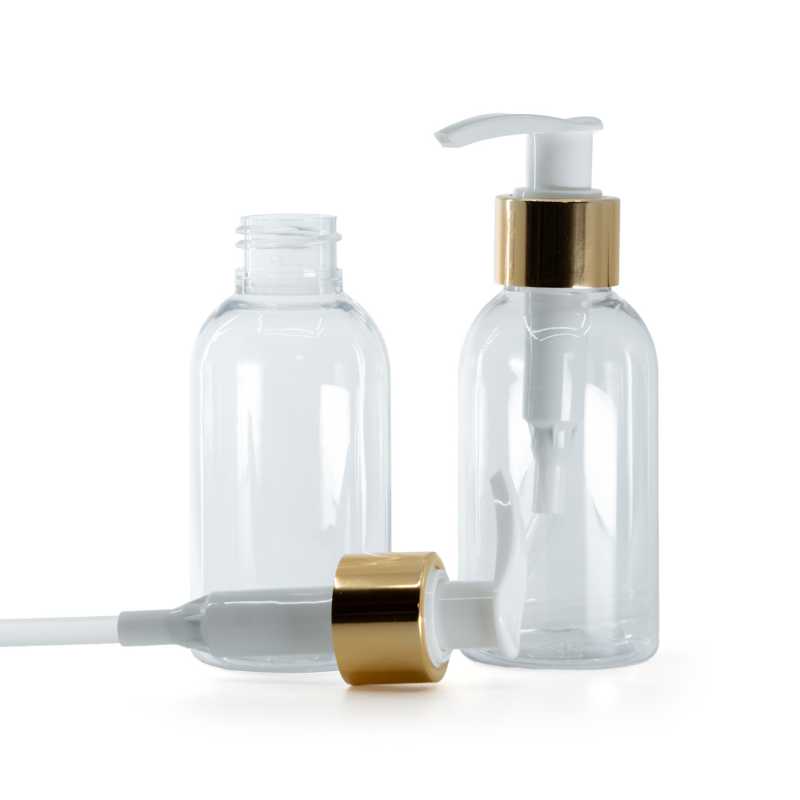 Botella de plástico transparente, redonda, bomba blanca con anillo dorado brillante, 100 ml