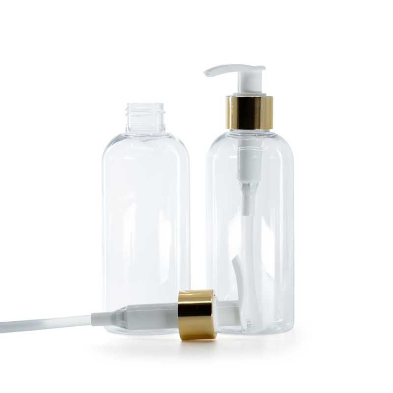 Botella de plástico transparente, dispensador blanco con anillo dorado brillante, 200 ml