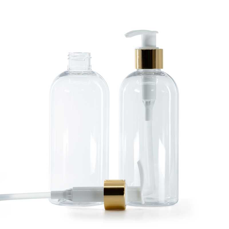 Botella de plástico transparente, dispensador blanco con anillo dorado brillante, 300 ml