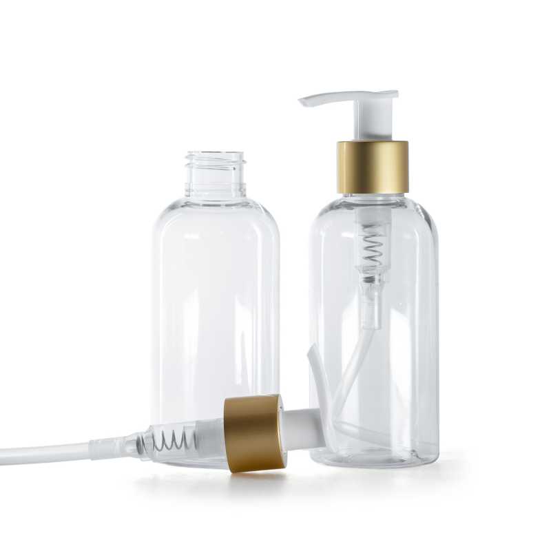 Botella de plástico transparente, redonda, bomba para loción blanca con cuello dorado mate, 150 ml