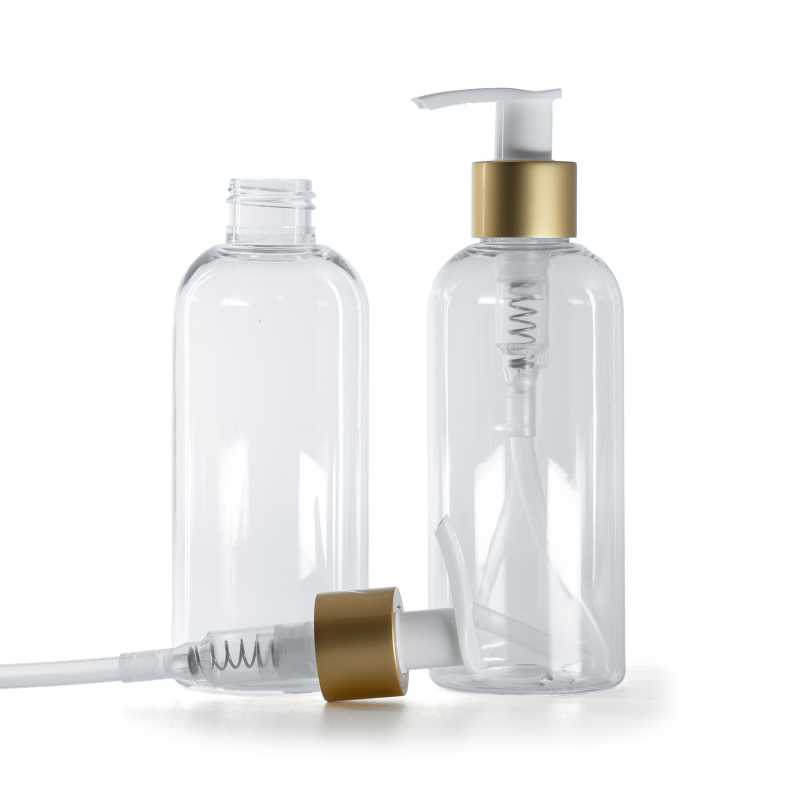 Botella de plástico transparente, dispensador de loción blanco con anillo dorado mate, 200 ml