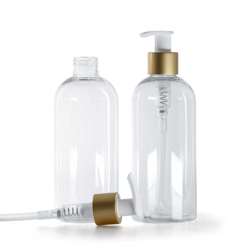Botella de plástico transparente, redonda, bomba blanca con collar dorado mate, 300 ml