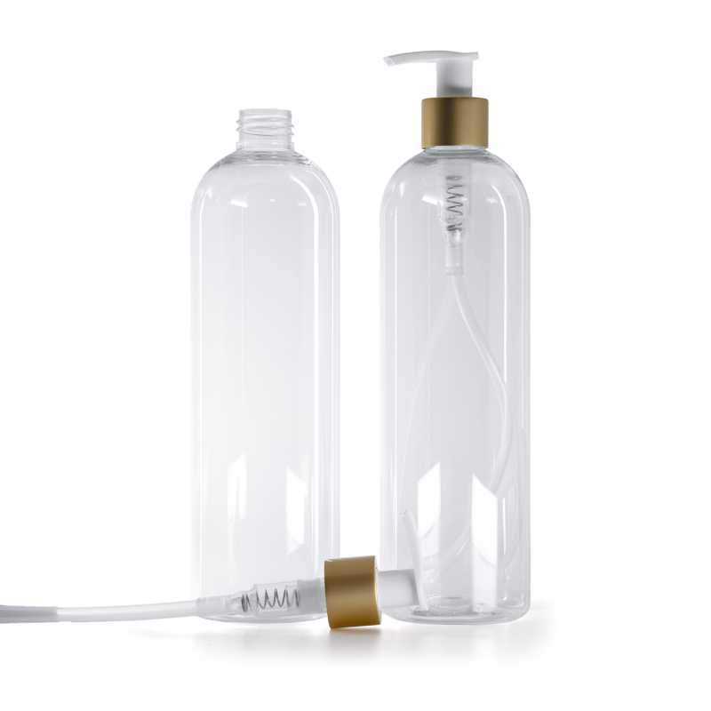 Botella de plástico transparente, dispensador blanco con anillo dorado mate, 500 ml