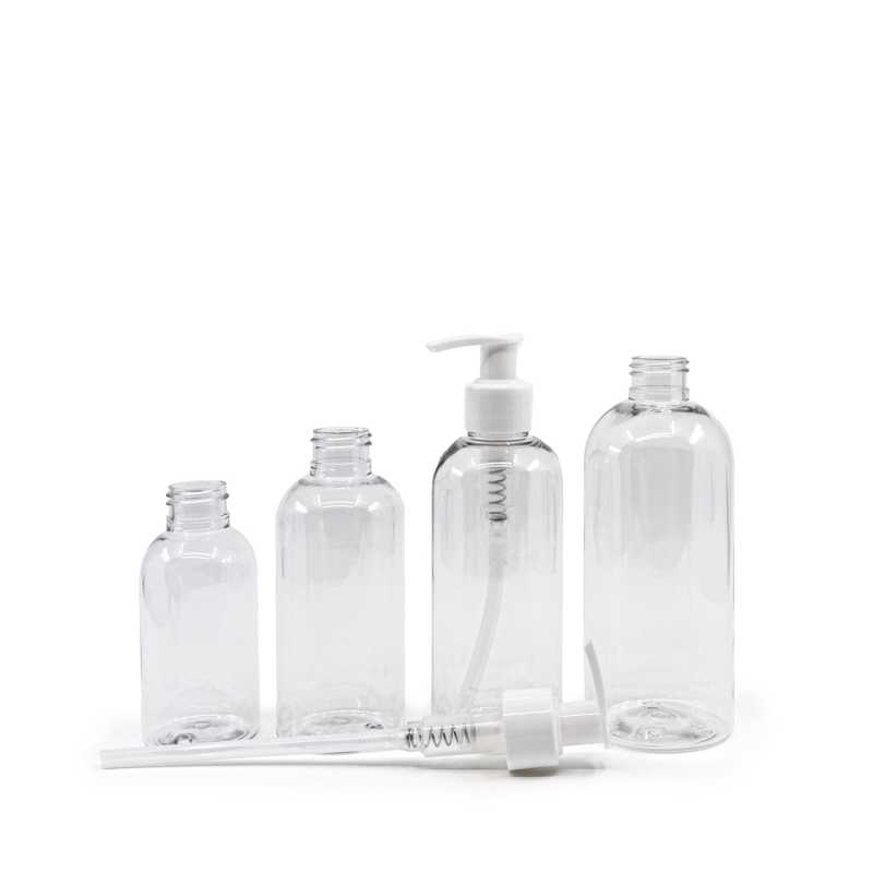 Botella de plástico redonda, transparente, dispensador blanco, 200 ml