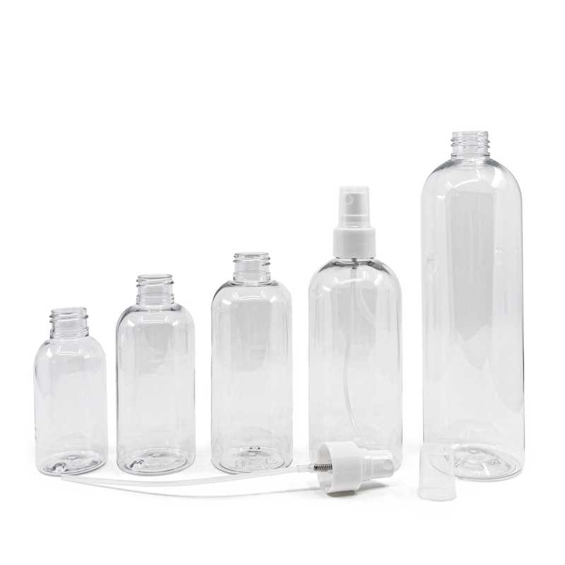 Botella de plástico transparente, pulverizador blanco, 200 ml