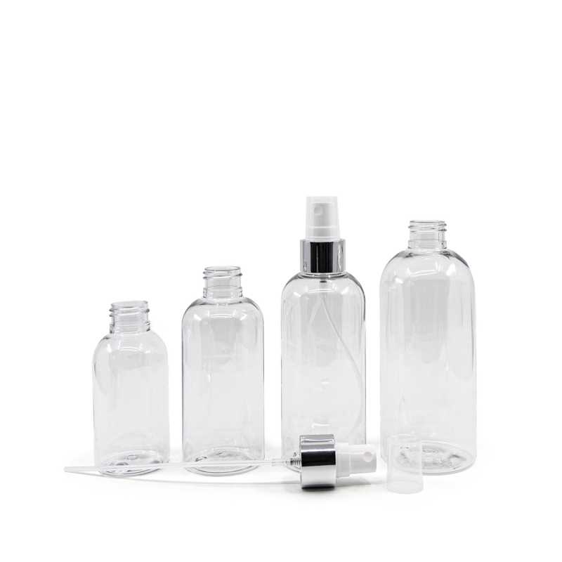 Botella de plástico transparente, pulverizador blanco, anillo plateado brillante, 150 ml