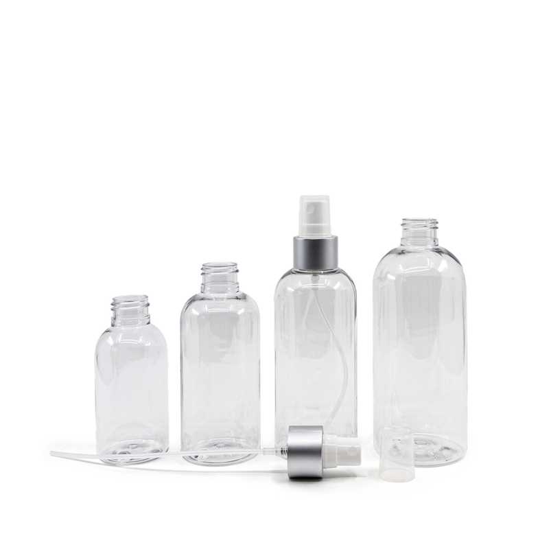 Botella de plástico transparente redonda, pulverizador blanco, anillo plateado mate, 300 ml