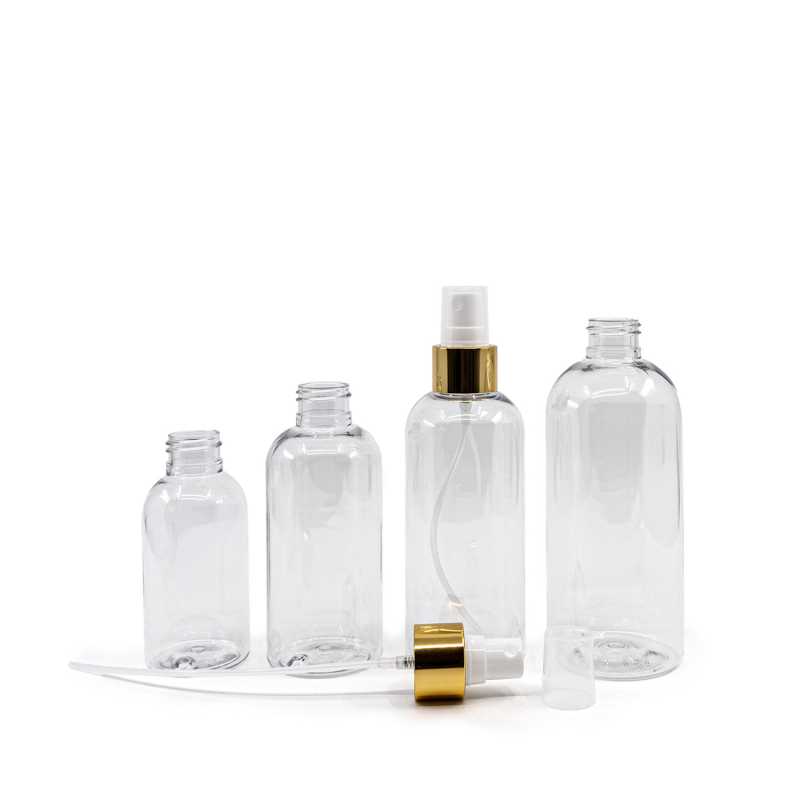 Botella redonda de plástico transparente, pulverizador blanco, anillo dorado brillante, 200 ml