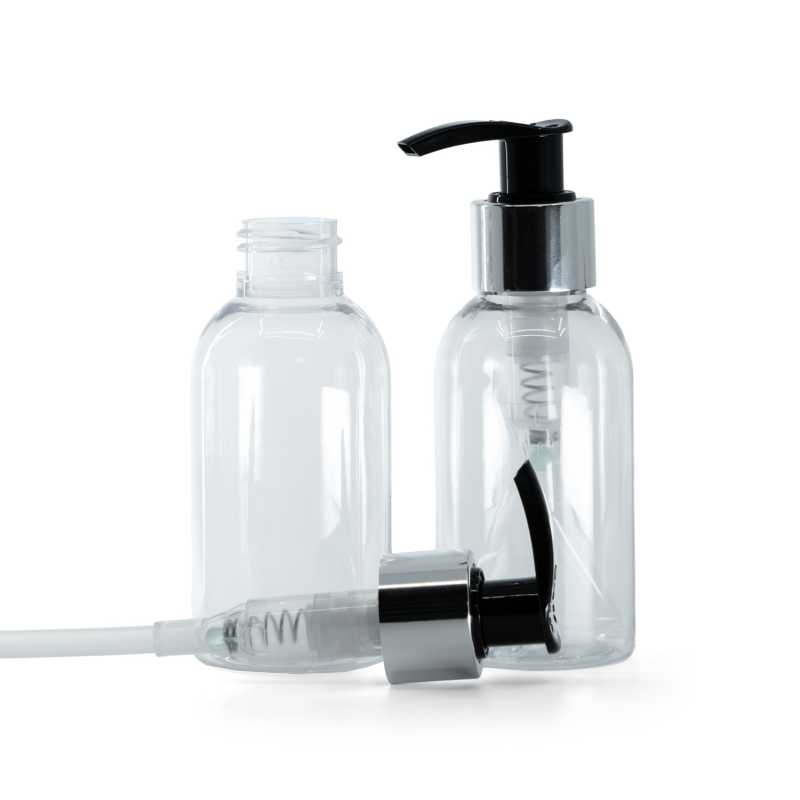 Botella de plástico transparente, redonda, dispensador negro y plateado, 100 ml