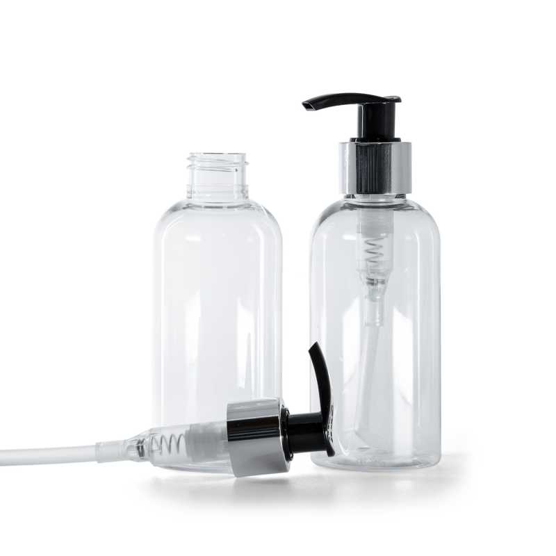Botella de plástico transparente, redonda, dosificador negro y plateado, 150 ml