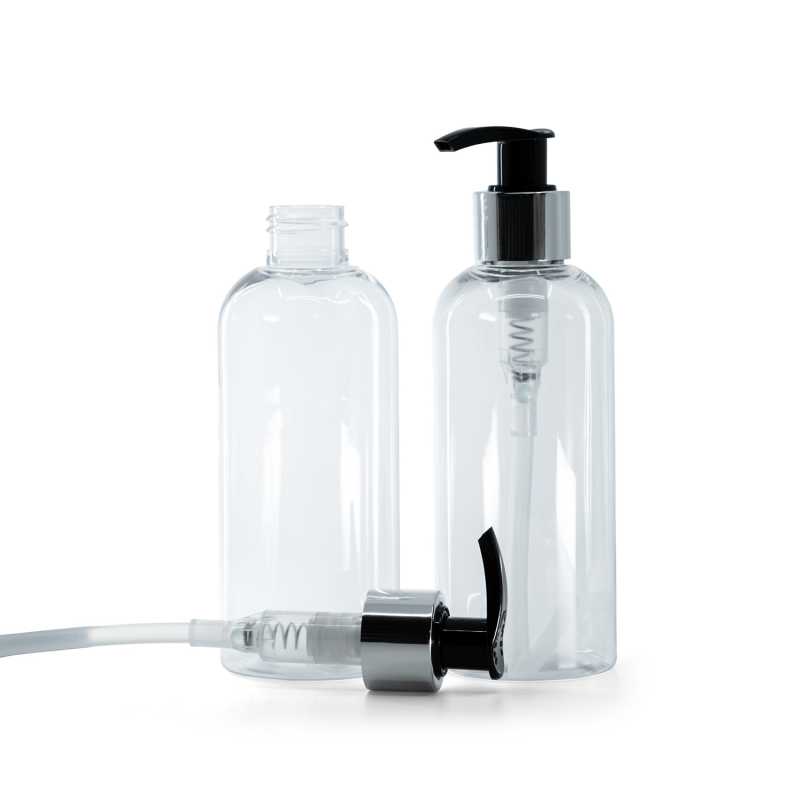 Botella de plástico transparente, dispensador negro-plateado, 200 ml