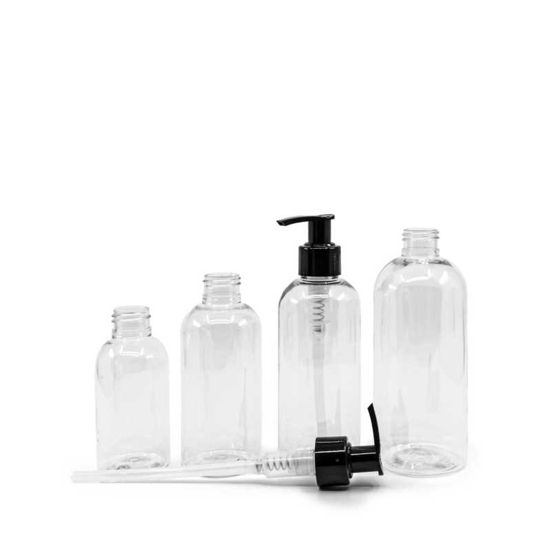 Frasco de plástico transparente, bomba negra, 100 ml