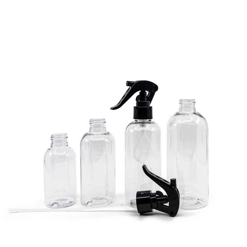 Botella redonda de plástico transparente, pulverizador de gatillo negro, 300 ml