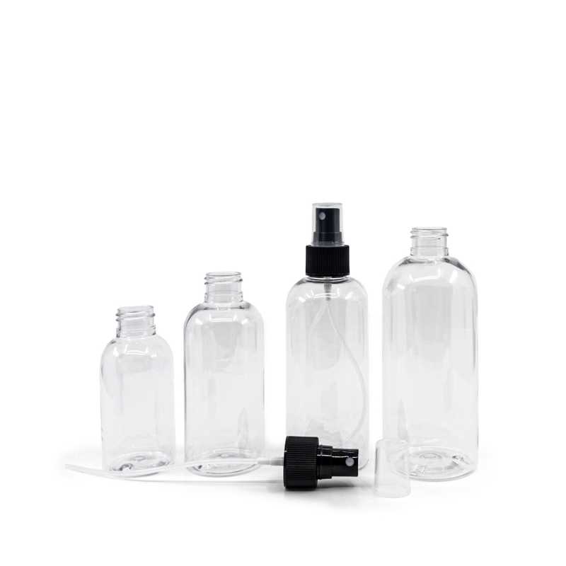 Botella de plástico redonda transparente, pulverizador negro, 300 ml