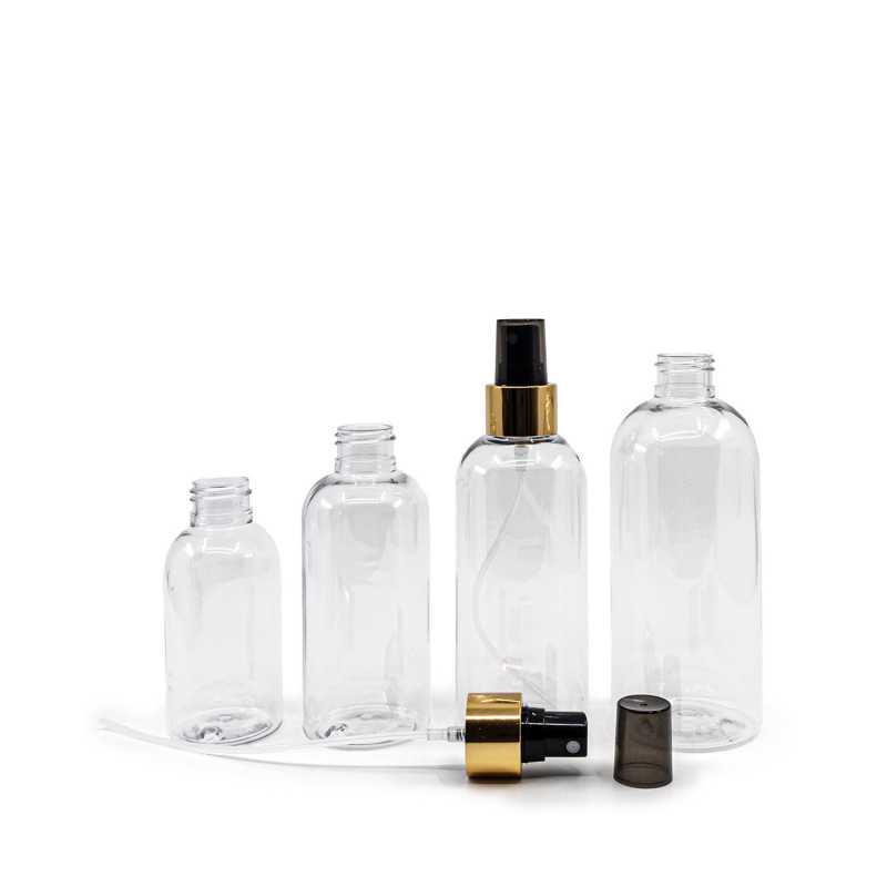 Frasco de plástico transparente, pulverizador negro, anillo dorado brillante, 100 ml