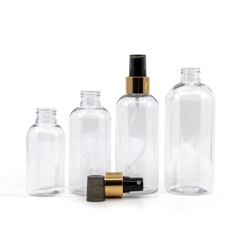 Botella de plástico transparente, pulverizador negro, anillo dorado brillante, 300 ml