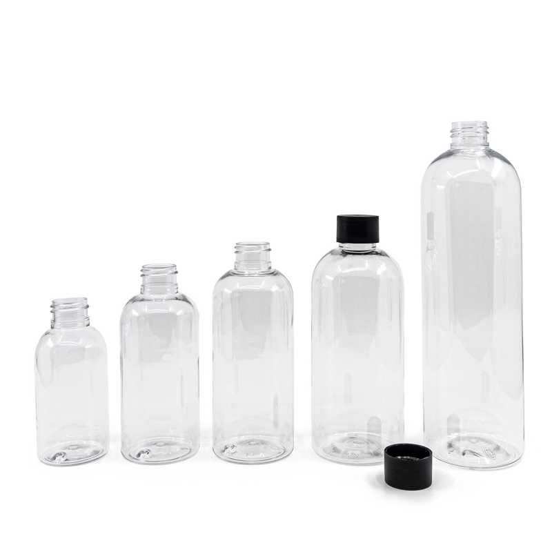 Botella de plástico transparente, 200 ml, tapón negro