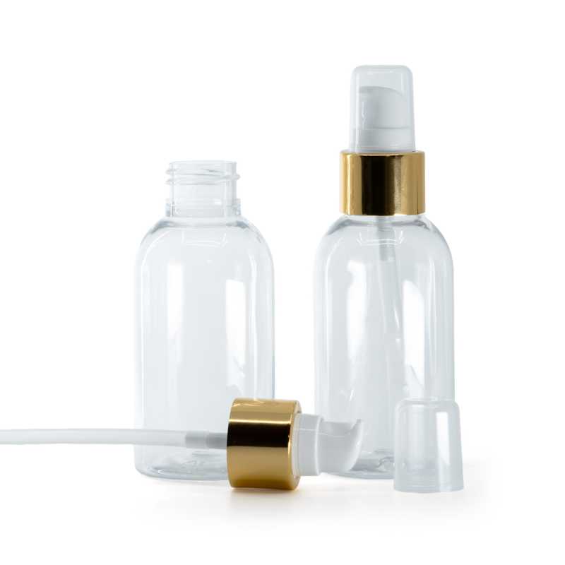 Botella de plástico transparente, redonda, bomba para loción blanca con sobretapa, dorado brillante, 100 ml
