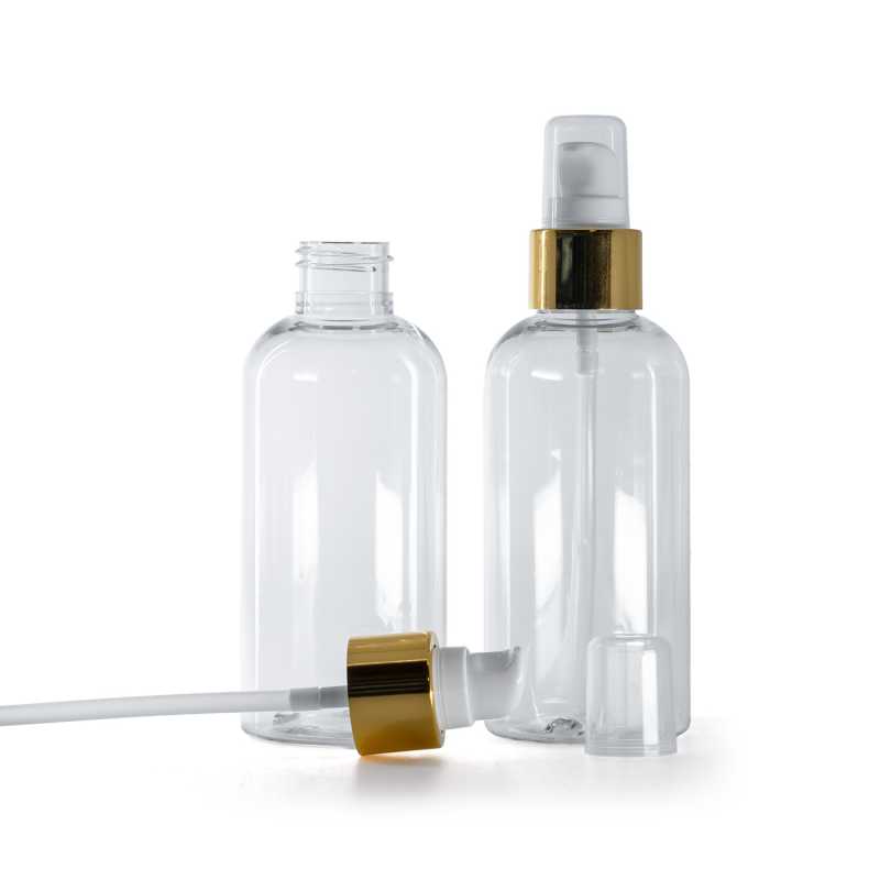 Botella de plástico transparente redonda, dispensador blanco y dorado con sobretapa, 150 ml