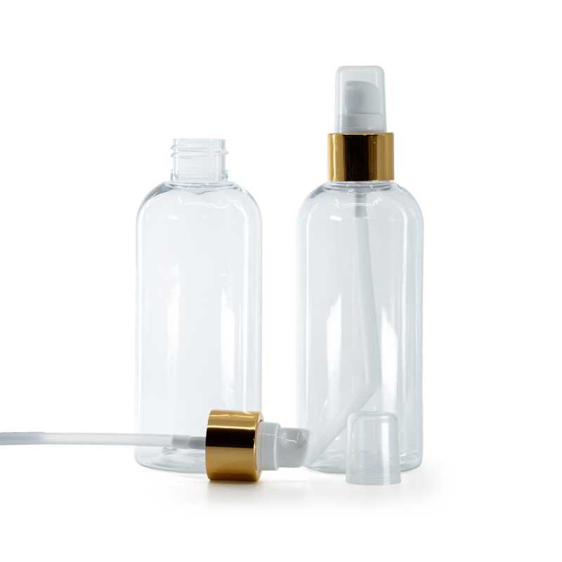 Botella de plástico transparente, redonda, dispensador blanco con sobretapa, dorado brillante, 200 ml