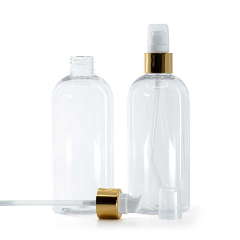 Botella de plástico transparente, redonda, dispensador blanco con sobretapa, dorado brillante, 300 ml